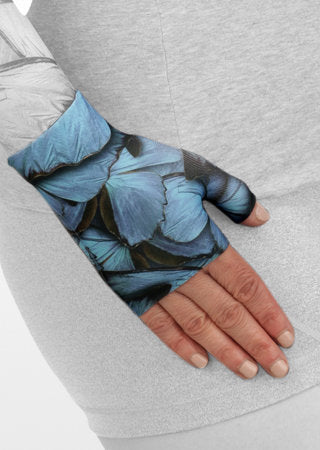 Juzo Soft Gauntlet with Thumb in the Print Collection BUTTERFLY MORPHO BLUE