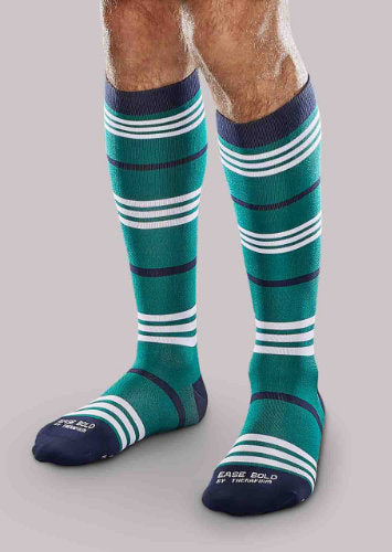 Guy wearing his Evergreen Ease Bold Patterned 20-30 mmHg Compression Knee High Socks