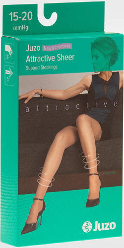 Product Packaging for the Juzo 5140AG Attractive Sheer Thigh High 15-20 mmHg Compression Stockings in the color Beige