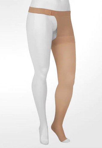 Juzo Soft 30-40 mmHg Chaps Style Thigh High Stockings | Left Leg Color Beige