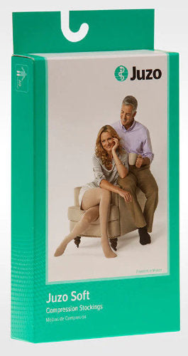 Product packaging for the Juzo Soft Closed Toe 30-40 mmHg Compression Chaps Style Thigh