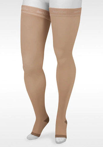 Juzo Soft Silver Thigh High Open Toe, with Silicone Band, 30-40 mmHg Compression Stockings (2062AGSB)