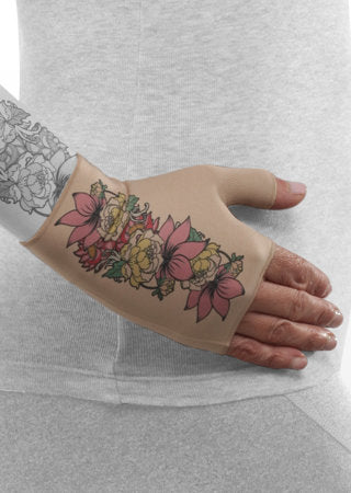Juzo Soft Gauntlet with Thumb Stub in the KOI FLOWERS TATTOO Print