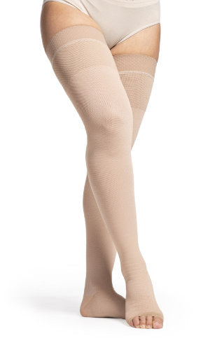 Sigvaris 504N Natural Rubber Thigh High Compression Stockings with Silicone Dot Band Color Beige Womans Leg