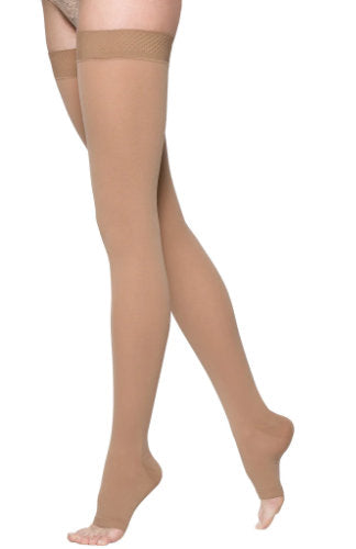 Sigvaris Essential Opaque Unisex Open Toe Thigh High Compression Stockings with Silicone Top Band in the color Light Beige
