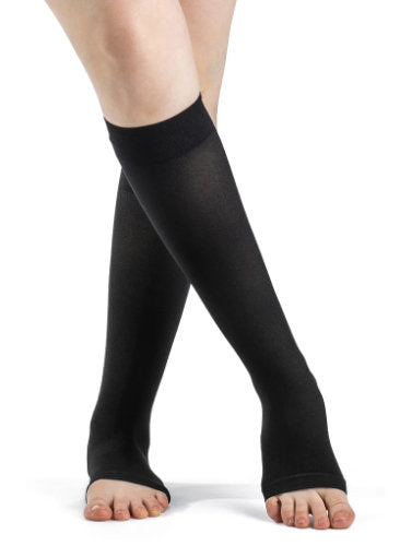971CO Sigvaris Dynaven Opaque Open Toe Knee High 15-20 mmHg Compression Stockings With Silicone Top Band Color Black