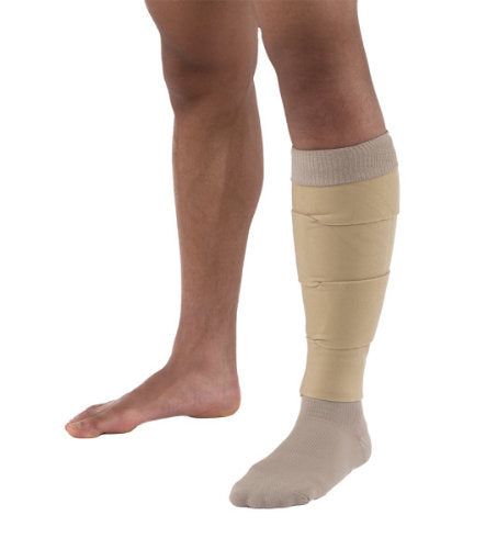 Mans leg wearing the Jobst FarrowWrap 4000 Series Legpiece in the color tan.