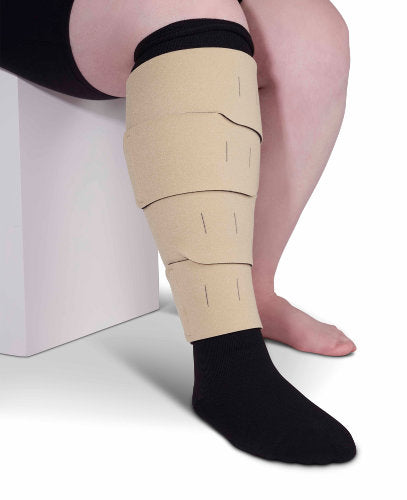 Lady wearing her Circaid JuxtaLite HD velcro compression wrap in the color Beige. 