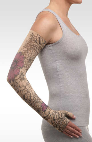 Juzo Soft Arm Sleeve in the Floral Purple Henna print 15-20 mmHg, 20-30 mmHg, and 30-40 mmHg compressions available