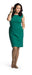 Woman in a green dress wearing her Sigvaris 782P compression pantyhose in the color Cafe