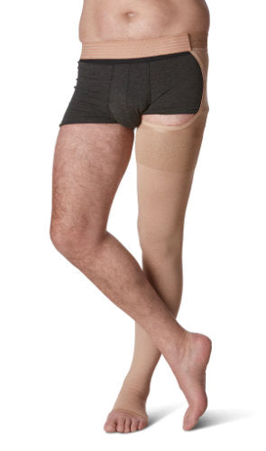 Sigvaris 503W Natural Rubber Left Thigh High with Waist Attachment for Men Color Beige