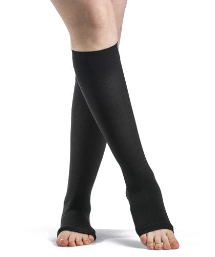 Sigvaris Essential Opaque Men's Full Calf Open Toe Knee High Compression Socks in a 20-30 mmHg compression with Silicone Band Color Black