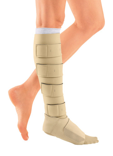 Person wearing the Circaid JuxtaFit Premium velcro wrap along with a ankle foot wrap