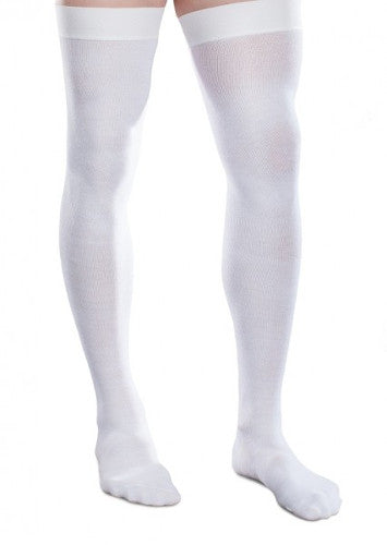 Guy wearing his thigh high Core-Spun 30-40 mmHg Compression Socks in the color White
