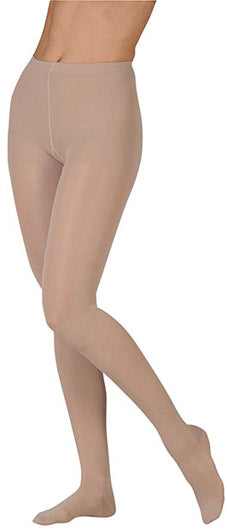Lady wearing her Juzo Basic Pantyhose Closed Toe 20-30 mmHg Compression Stockings in the color Beige (4411ATFF14)