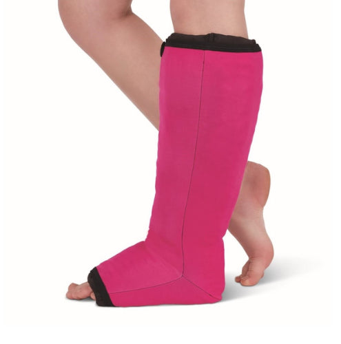 Person wearing the magenta Energy Oversleeve on top of their Circaid Profile Nighttime Foam Sleeve