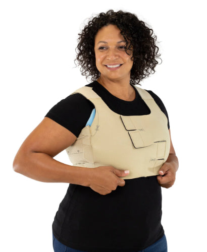 Lady wearing her circaid reduction kit vest over a black tee shirt