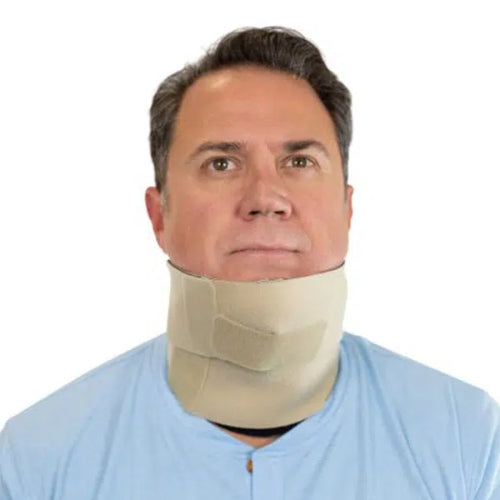 A forward facing image of a man wearing his circaid head and neck reduction kit for the management of lymphedema