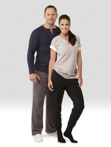 Young couple wearing their Juzo Basic Casual Knee High 20-30 mmHg Compression Socks in White (4701AD06)