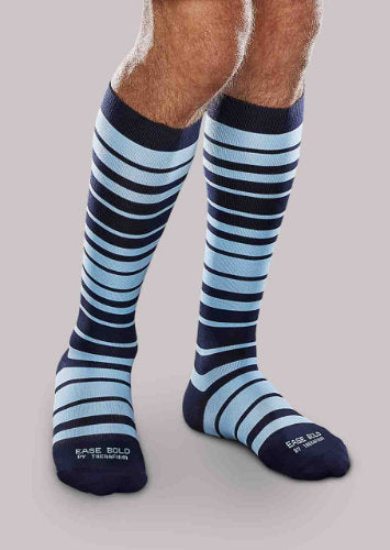 Guy wearing his Deep Blue Ease Bold Patterned 20-30 mmHg Compression Knee High Socks