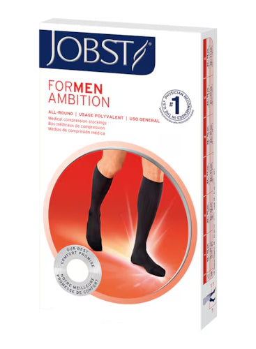 The packaging for the Jobst for Men Ambition 15-20 mmHg compression knee high sock.