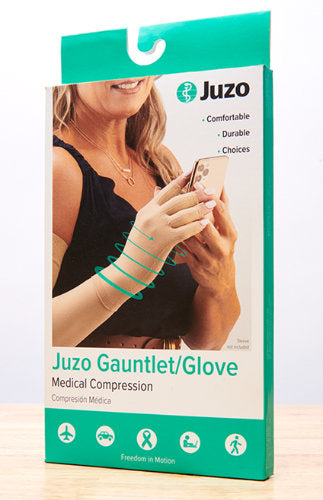 Product packaging for the Juzo 2301ACFS Seamless Glove 20-30 mmHg Compression | Perfect for those with mild edema/ swelling