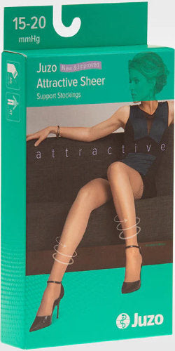 Product Packaging for the Juzo 5140AD Attractive Sheer Knee High 15-20 mmHg Compression Stockings in the color Beige