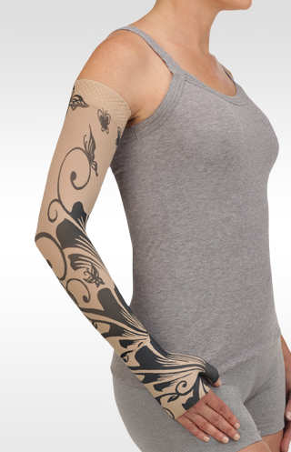Juzo Soft Arm Sleeve with Silicone Band in the Juzo Print BUTTERFLY FLOWER HENNA BEIGE