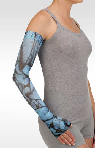 Juzo Soft Arm Sleeve with Silicone Band in the Juzo Print BUTTERFLY MORPHO BLUE