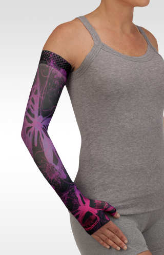 Juzo Soft Arm Sleeve with Silicone Band in the Juzo Print BUTTERFLY PSYCHEDELIC PURPLE