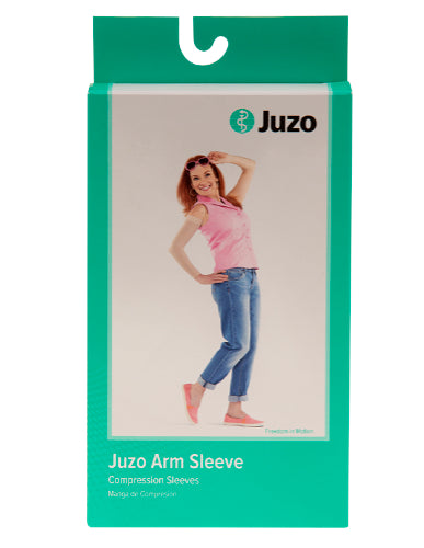 Product packaging for the Juzo Soft Arm Sleeve in the print Floral Gray