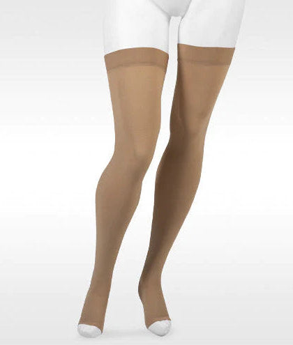 Juzo Move Thigh High Open Toe Compression Stockings with Silicone Dot Band | 20-30 mmHg Compression in the Color Beige