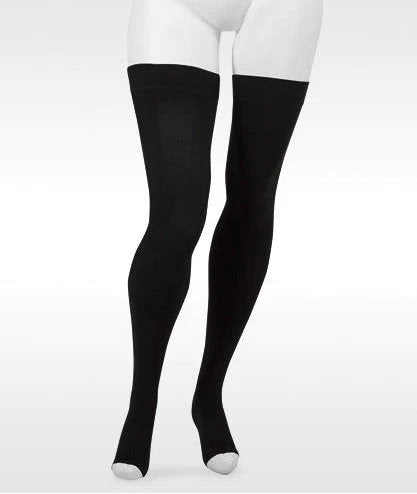 Juzo Move Thigh High Open Toe Compression Stockings with Silicone Dot Band | 30-40 mmHg Compression in the Color Black
