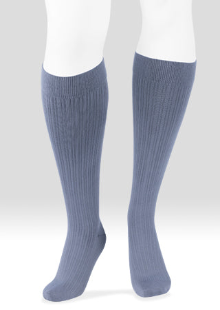 Mannequin leg displaying the Juzo Power Cotton 2660AD 15-20 mmHg compression ribbed knee highs in the color gray.