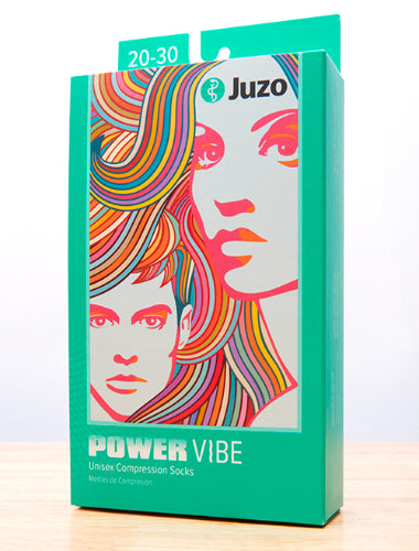 Product Packaging for the Juzo Power Vibe Knee High Compression Socks in the design Super Blue