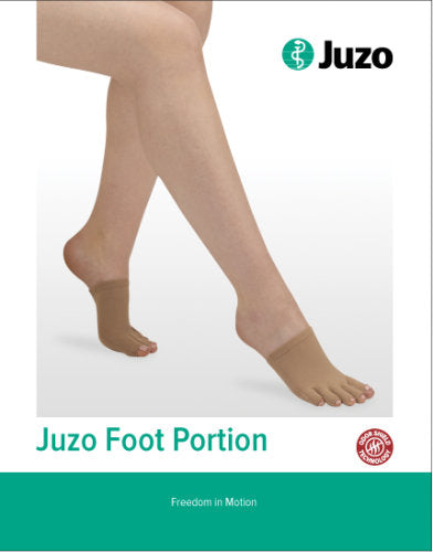 Product packaging for the Juzo 2300FP14 Seamless Compression Toe Cap in Beige being worn with a Juzo compression stocking