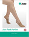 Product packaging for the Juzo 2300FP14 Seamless Compression Toe Cap in Beige being worn with a Juzo compression stocking