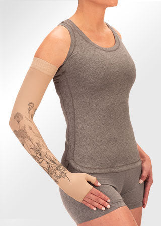 Juzo Soft Arm Sleeve with Silicone Band in the Wild Flower Henna-Beige  Print Collection. Available in 15-20 mmHg, 20-30 mmHg, and 30-40 mmHg Compressions