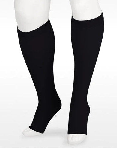 Juzo Soft 15-20 mmHg Knee High Compression Stockings with Silicone Band in an open toe | Color Black