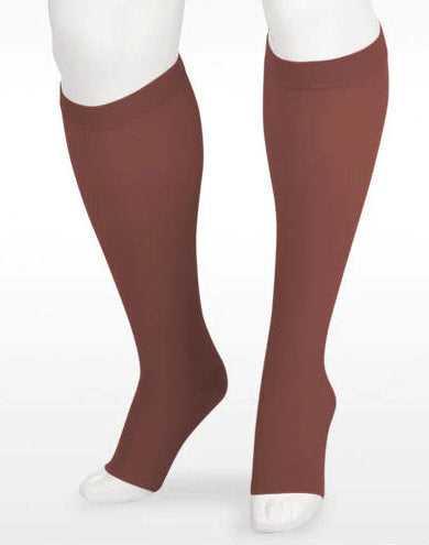 Juzo Soft 15-20 mmHg Knee High Compression Stockings with Silicone Band in an open toe | Color Mocha