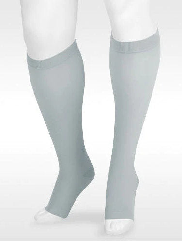 Display leg showcasing Juzo Soft 2001ADSB Open Toe Knee High with Silicone Band in the Trend Color Collection Moonstone