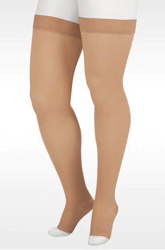 Ladies Juzo Soft compression thigh highs with open toe | 15-20 mmHg Compression level with Silicone Dot Band in the color Beige