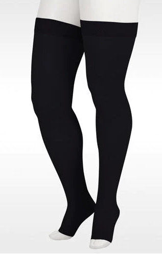Ladies Juzo Soft compression thigh highs with open toe | 15-20 mmHg Compression level with Silicone Dot Band in the color Black