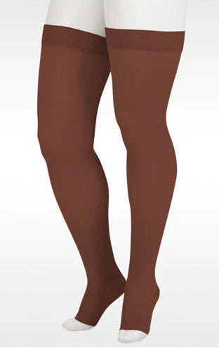 Ladies Juzo Soft compression thigh highs with open toe | 15-20 mmHg Compression level with Silicone Dot Band in the color Mocha