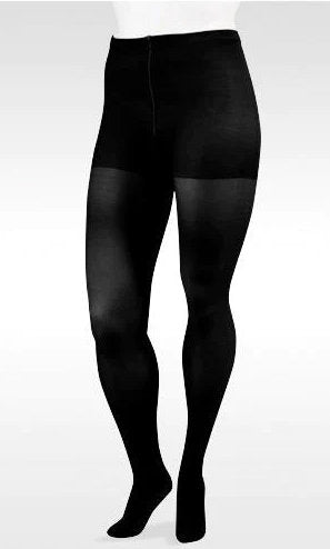 Lady wearing Open Crotch Juzo Soft Waist High Pantyhose in the 30-40 mmHg Compression | Color Black