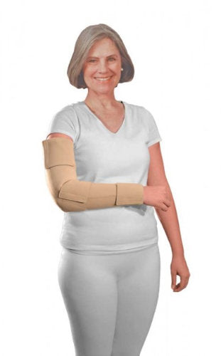 Lady wearing her Lohmann and Rauscher ReadyWrap arm extremity garment in the beige