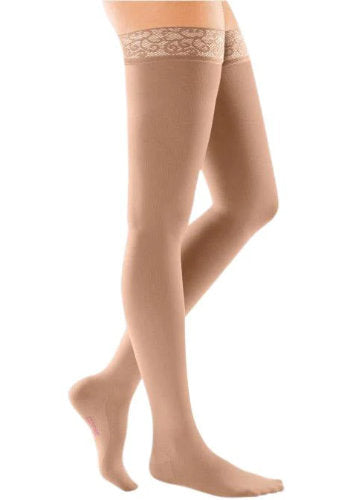 Mediven Comfort Thigh High Compression Stockings with the Lace Silicone Top Band in the color Natural