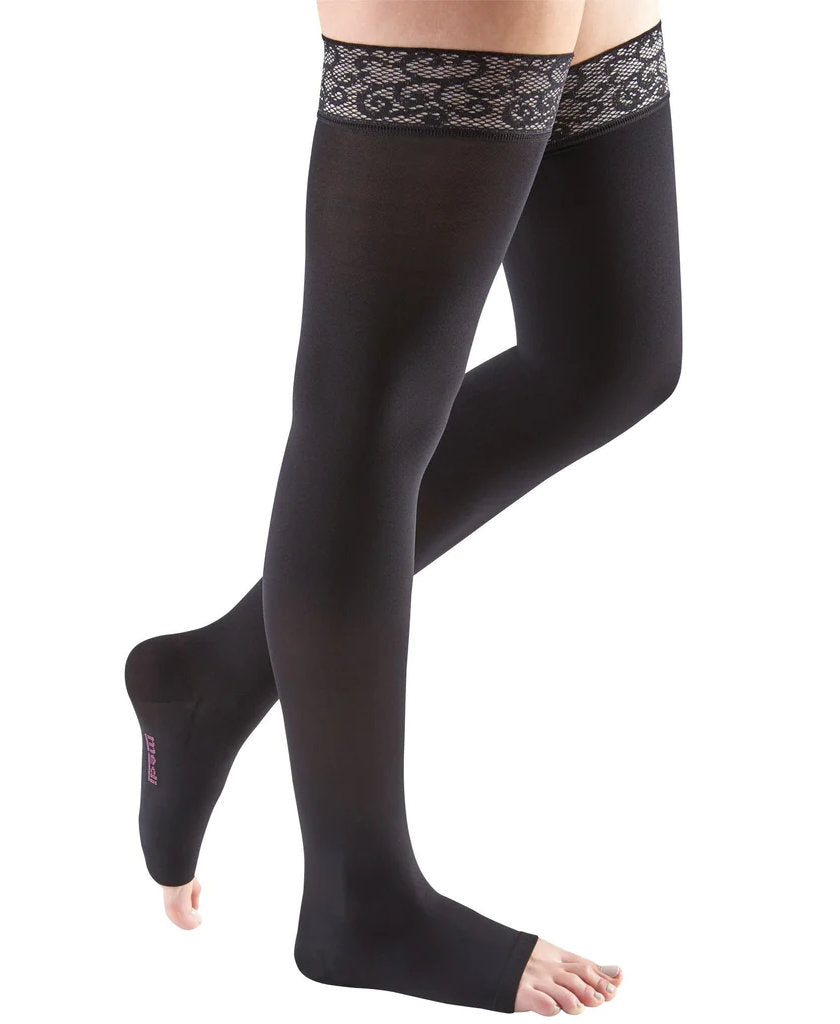 Mediven Comfort in the color Black, 20-30 mmHg, Thigh High w/Lace Top Band, Open Toe | Compression Stocking | Compression Care Center