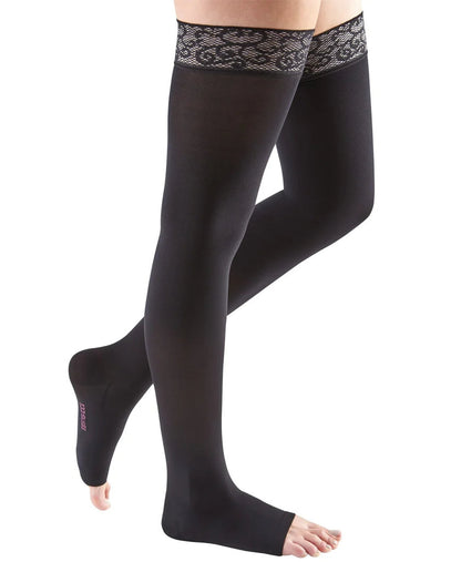 Mediven Comfort in the color Black, 20-30 mmHg, Thigh High w/Lace Top Band, Open Toe | Compression Stocking | Compression Care Center