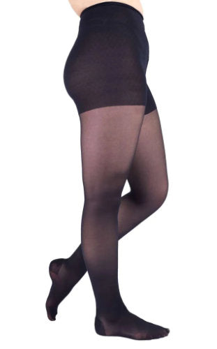 Lady wearing her Mediven Sheer & Soft 15-20 mmHg Waist High Compression Stockings in the color Navy